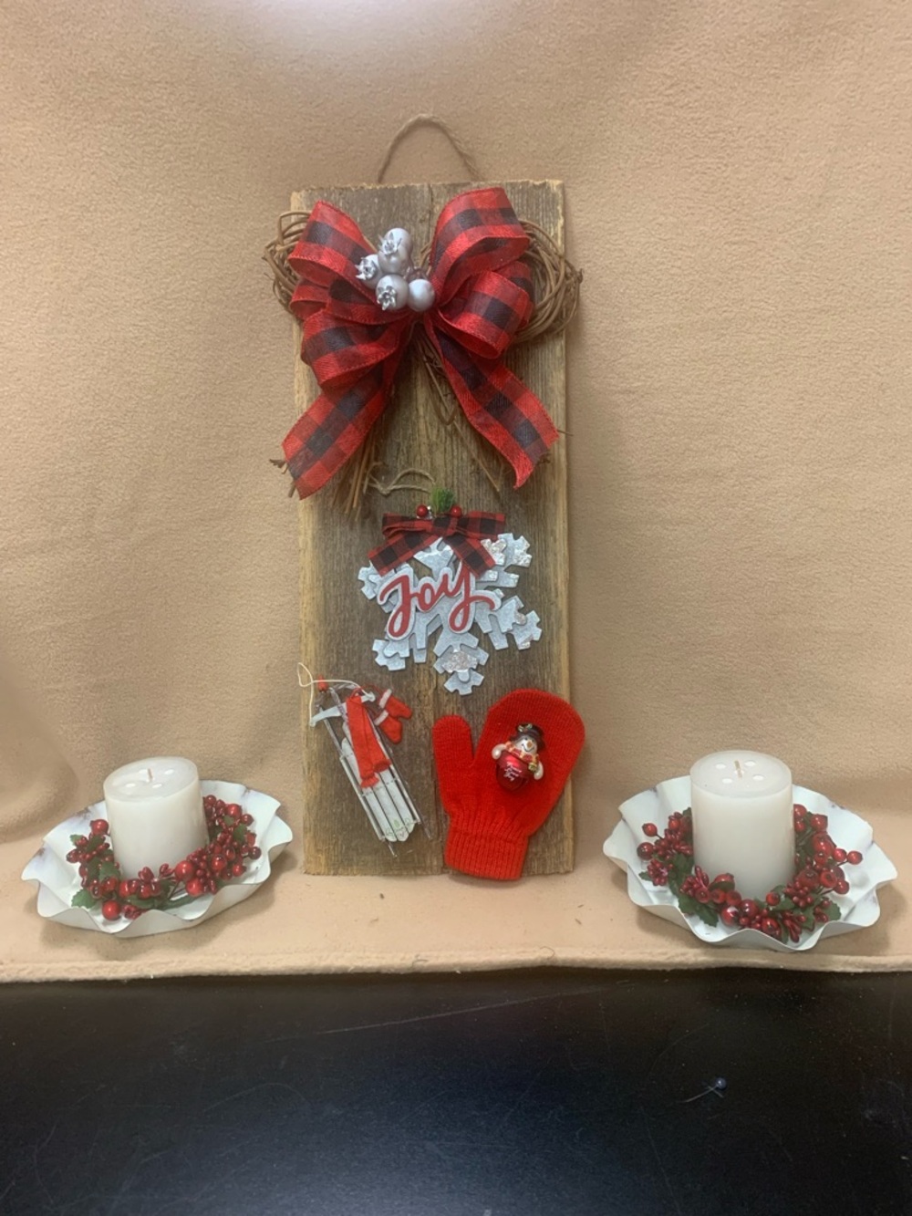 Festive Red Buffalo Plaid Holiday Wall Hanging with Joy Snowflake and Mitten